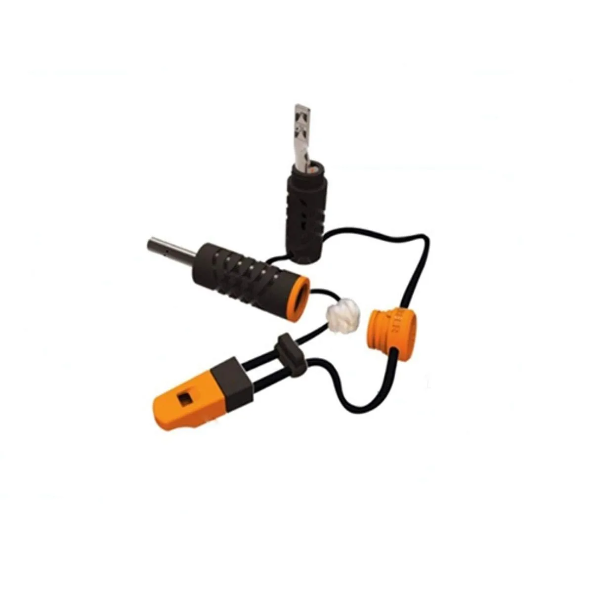 Black ferro rod fire starter with metal striker and emergency whistle on lanyard