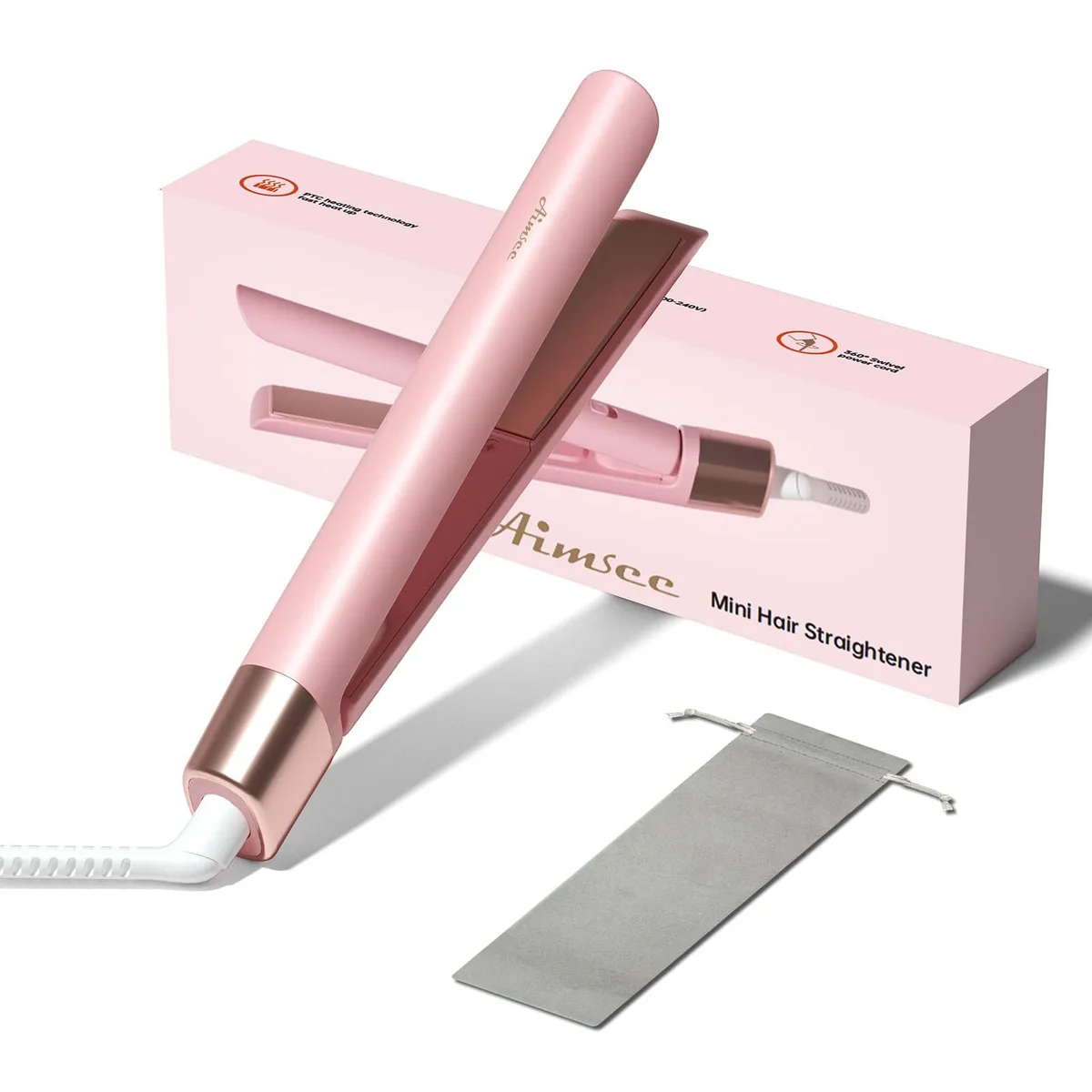 Pink mini ceramic flat iron with .8 inch plates and arc body design