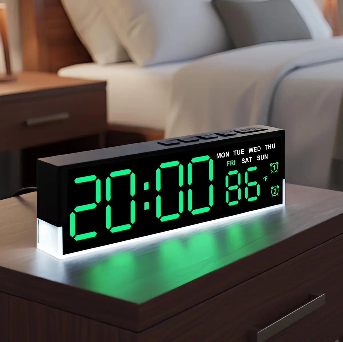 Green rectangular digital alarm clock with large LED display showing time date and temperature