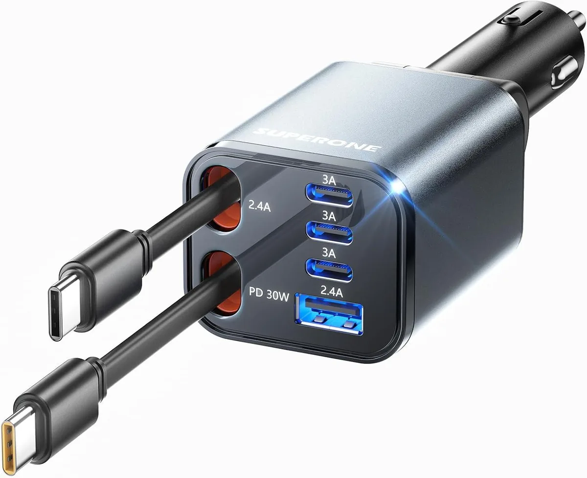 Leelbox Leelbox Retractable Car Charger 6-Port 99W Dual USB-C Cables 31.5in — product photo