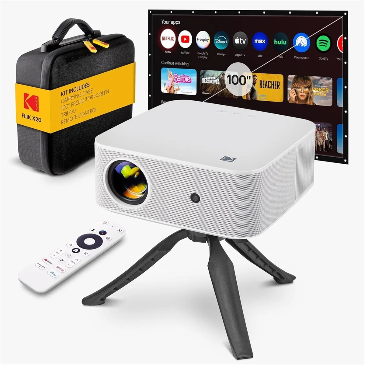 Kodak Kodak FLIK X20 1080p Smart Projector Kit with Screen Tripod Remote Case White — product photo