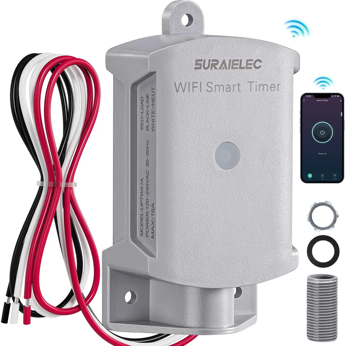 Gray rectangular timer switch with LCD display and three mounting holes