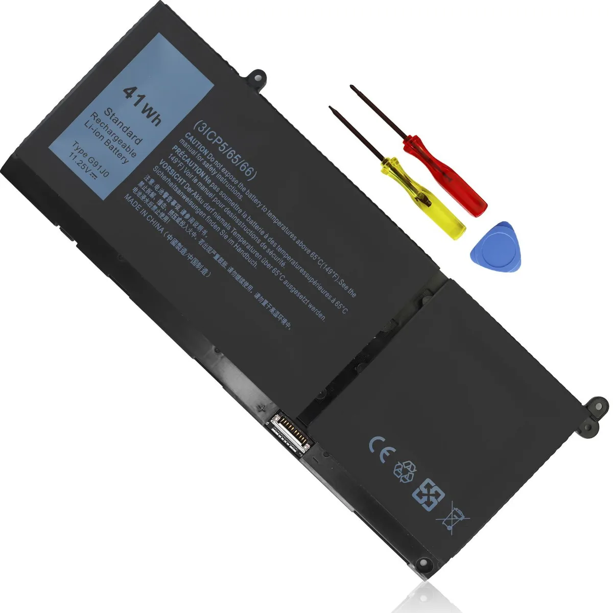 Rectangular black 3-cell lithium-ion laptop battery with screwdrivers and manual