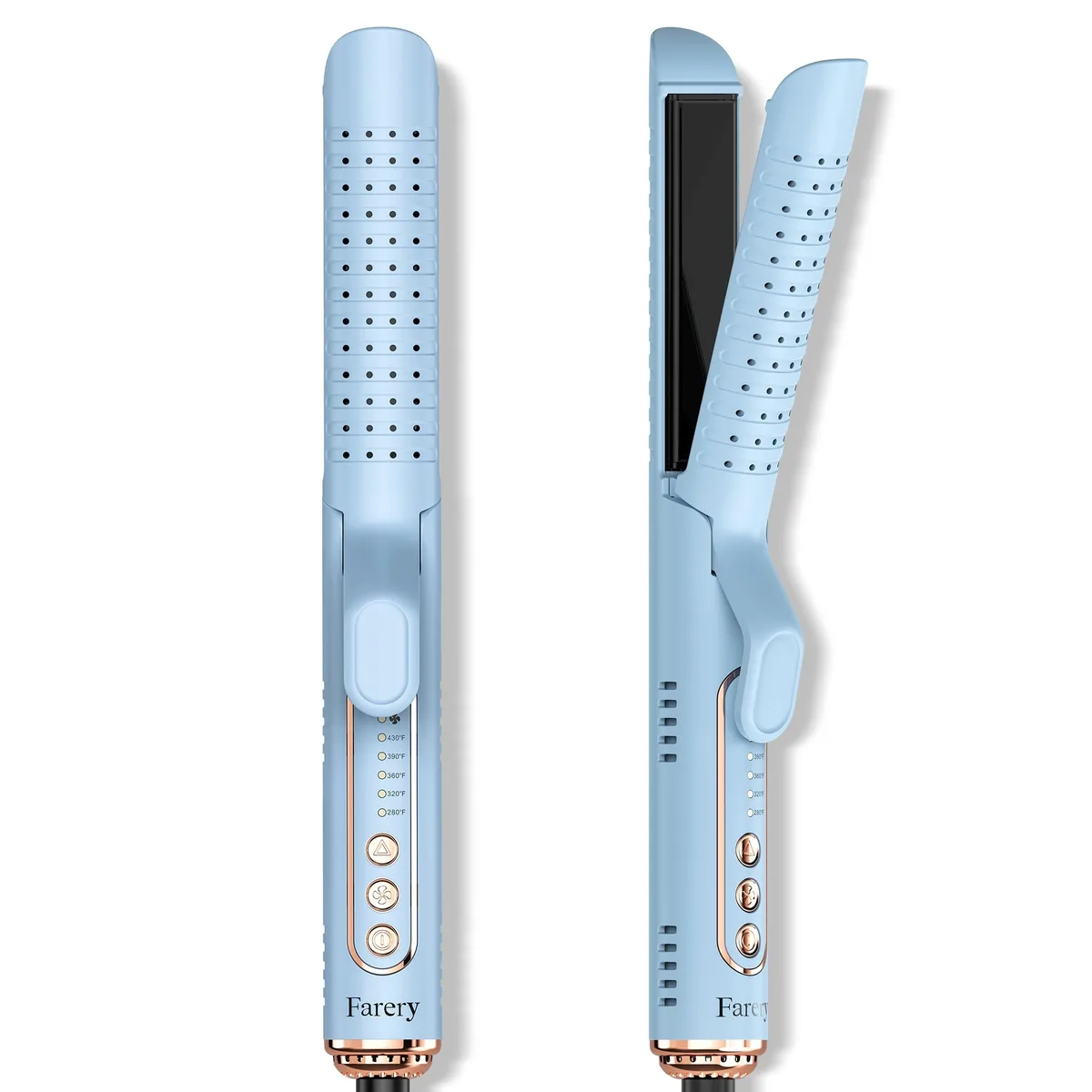 Blue curling iron with 1 inch barrel and vented plates