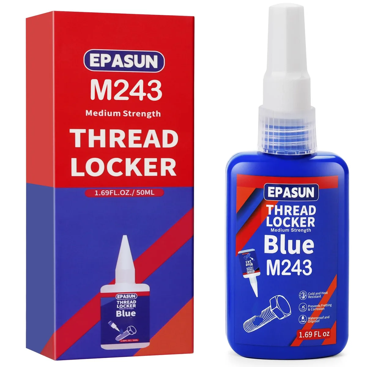 Blue 50 ml threadlocker bottle with white cap and nozzle