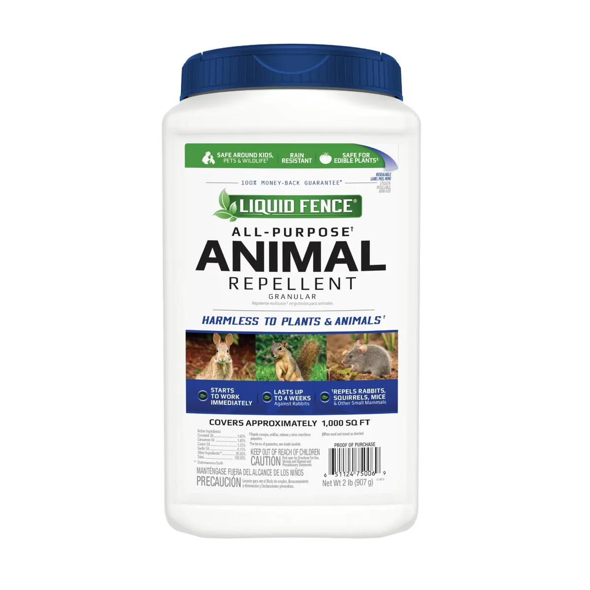 White granular animal repellent in a 2 lb bag