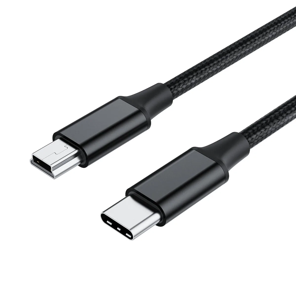 Braided USB-C to Mini USB 5-pin cable, 3.3 ft, male-to-male connectors