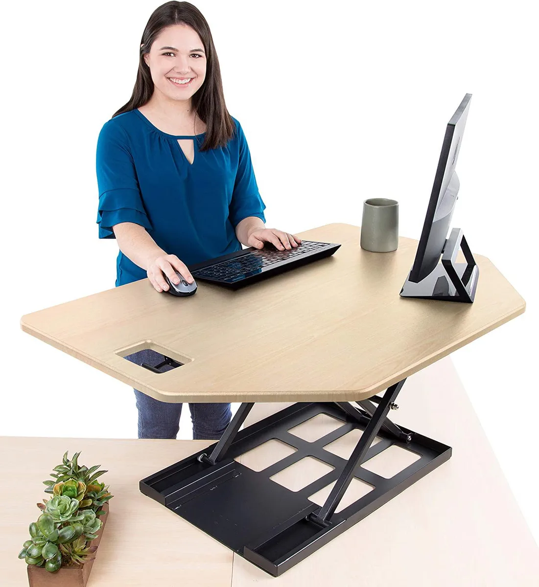 Corner standing desk converter, maple finish, fully assembled, 40 inch wide