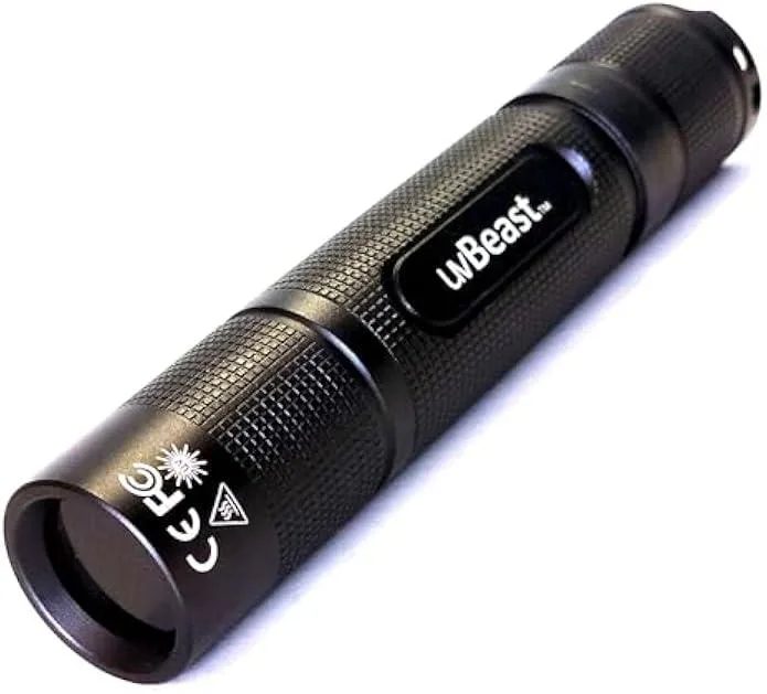 Compact black UV flashlight with 365nm LED, pocket-sized design