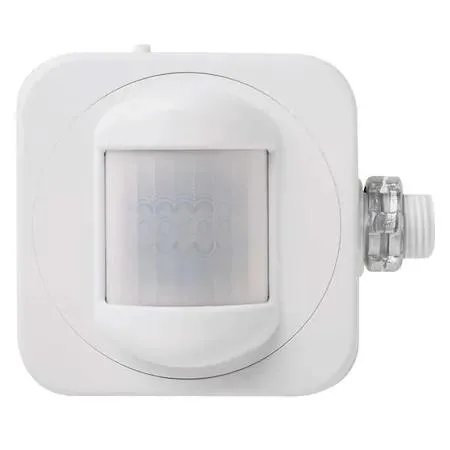 White cylindrical fixture-mount sensor with flat lens, hard-wired leads visible
