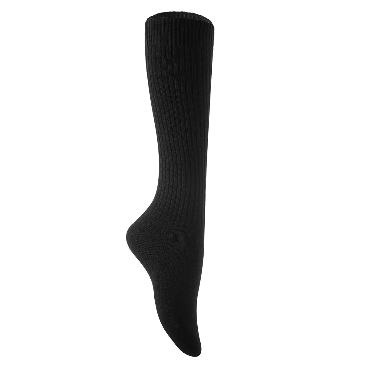 Black knee-high wool socks with ribbed cuffs visible