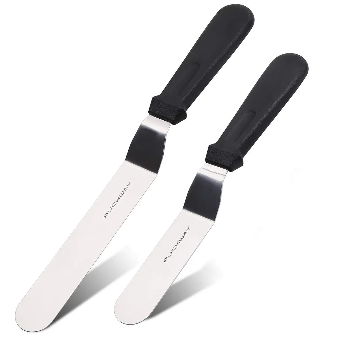 Two black-handled stainless steel offset spatulas, 6 and 8 inch blades