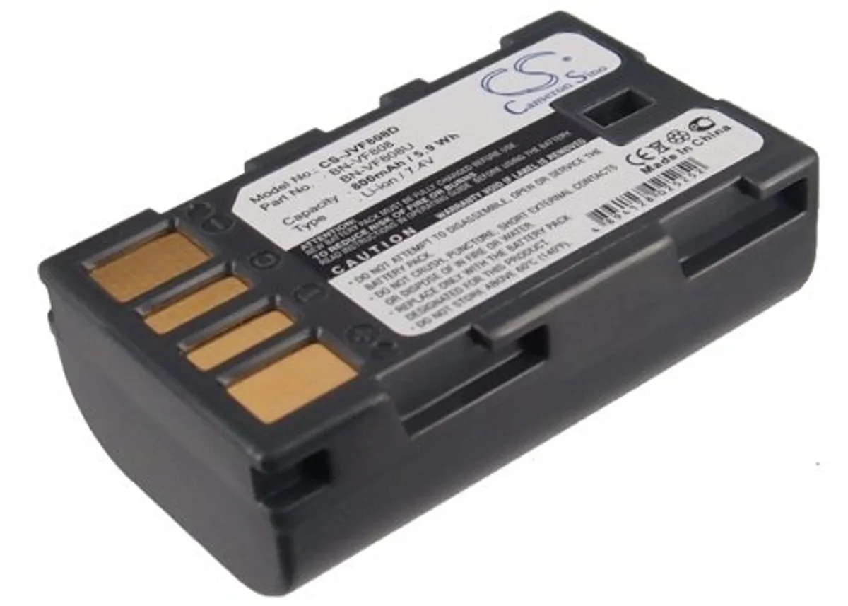 Rectangular lithium-ion camera battery, dark grey plastic casing, gold contact strip visible on one end