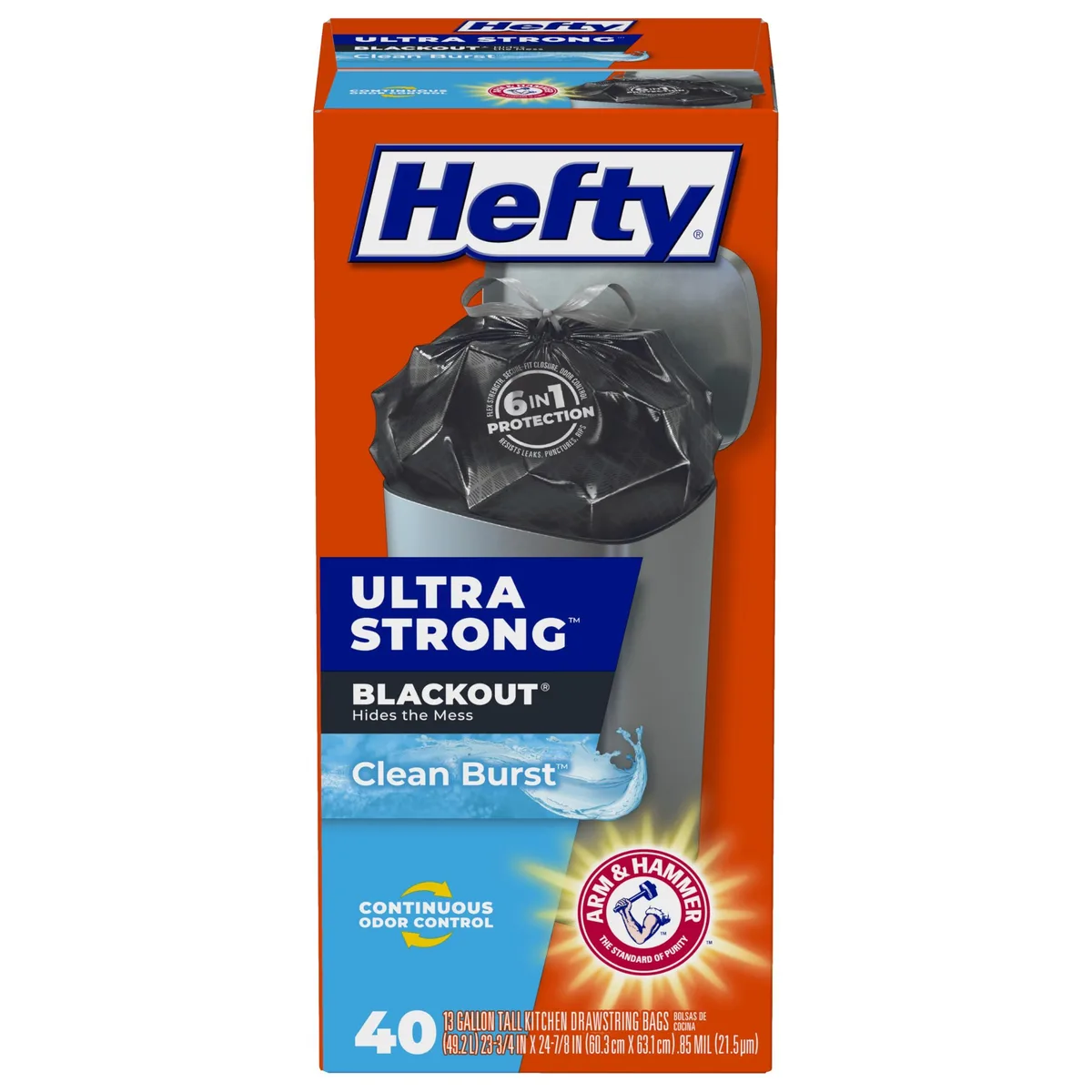 White rectangular box containing three packs of 13-gallon plastic trash bags