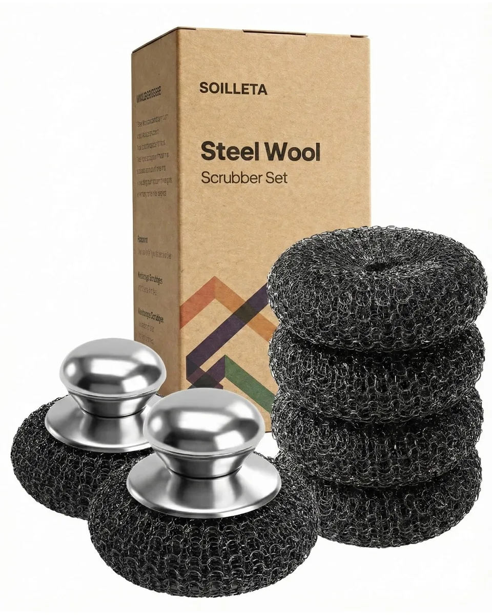 Eight steel wool scrubbers and two handles in a rectangular box