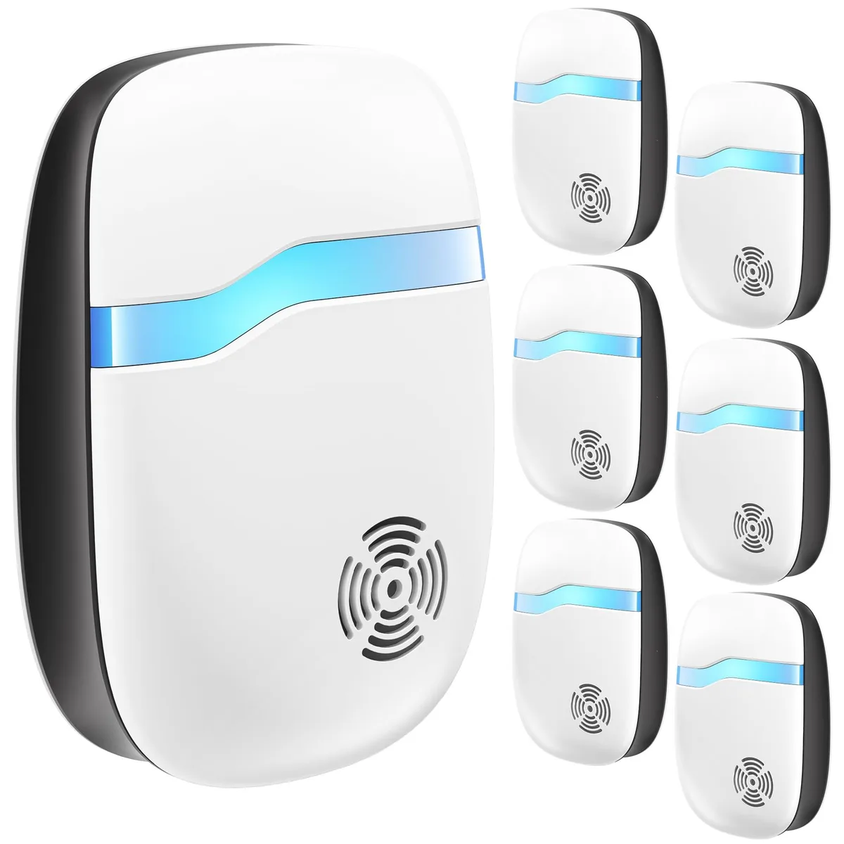 Five white rectangular plug-in pest repellers with front grilles