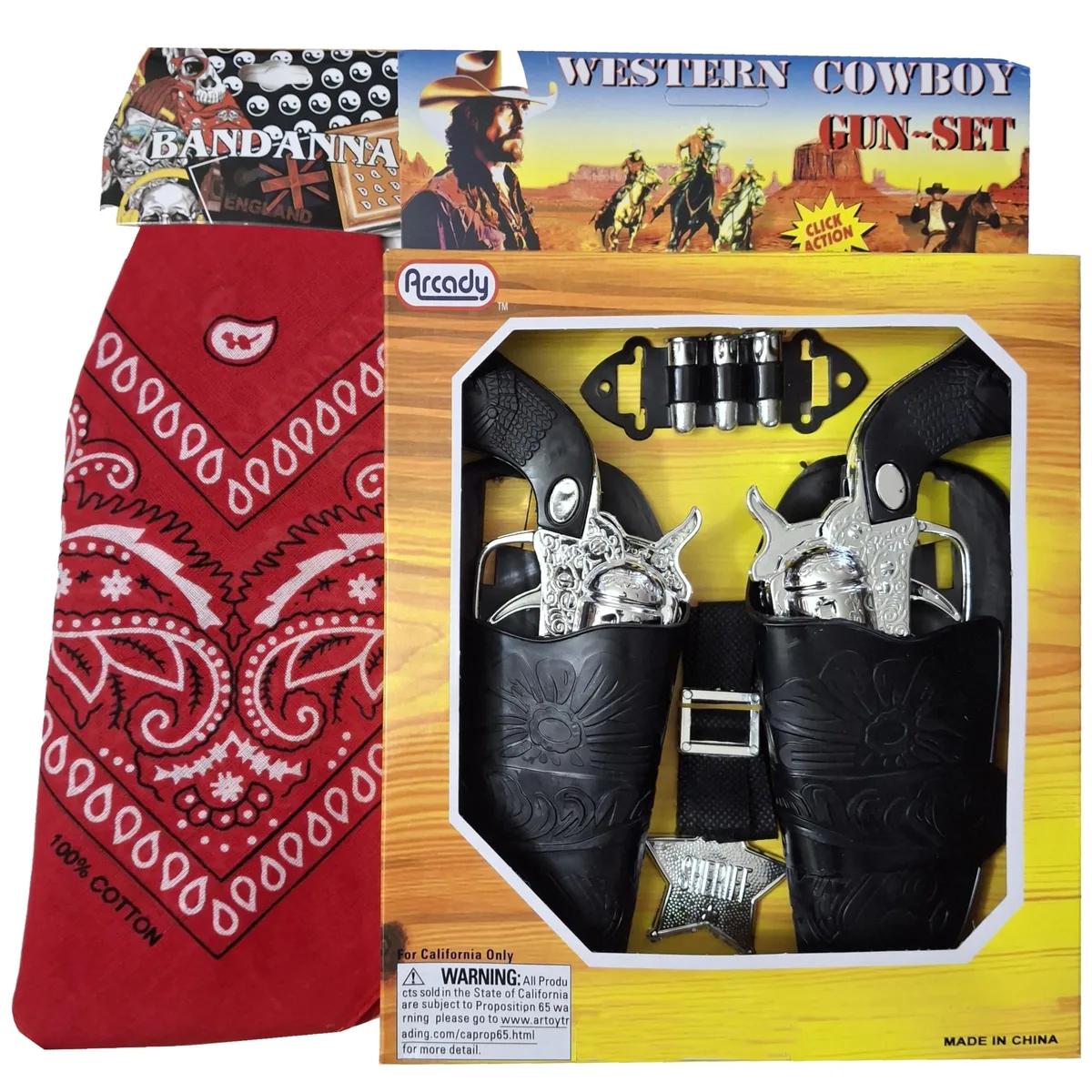  Red Bandana Toy Gun Play Set Black and Chrome Finish Badge Western Cowboy Costume Accessories Pretend Play — product photo
