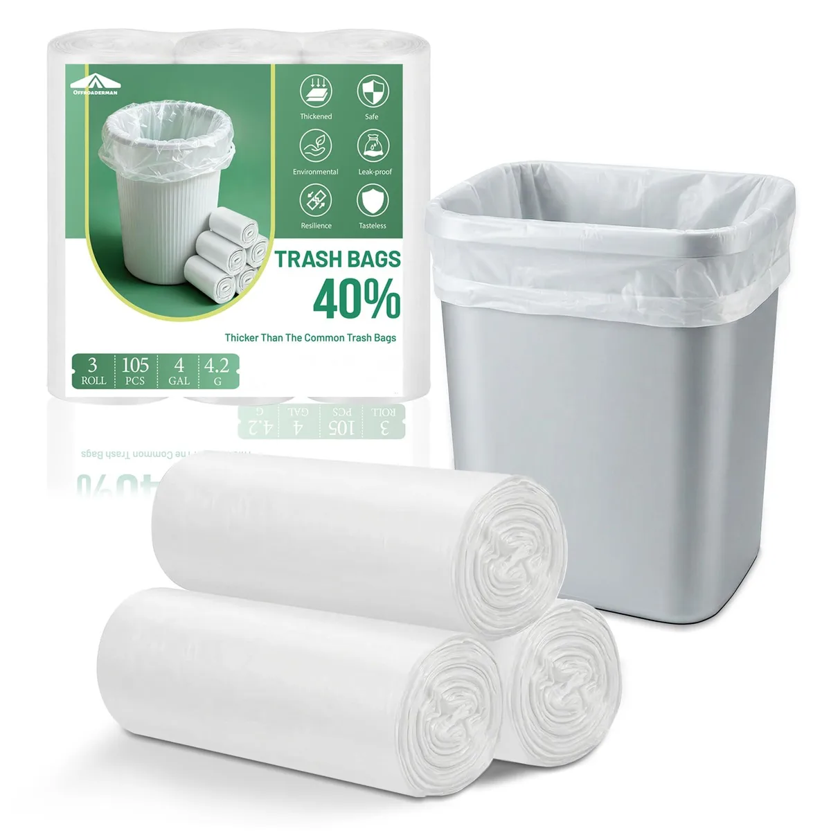  Offroaderman 4 Gallon White Trash Bags 105 Count 4.2g — product photo