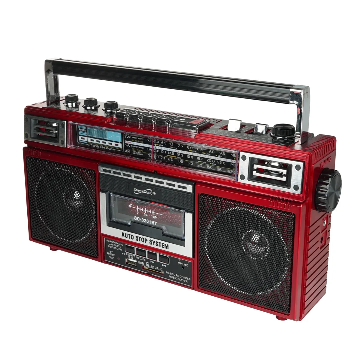 EMERSON SC-3201BT-RD Red Boombox Radio Cassette Bluetooth USB SD 3-Band EQ — product photo