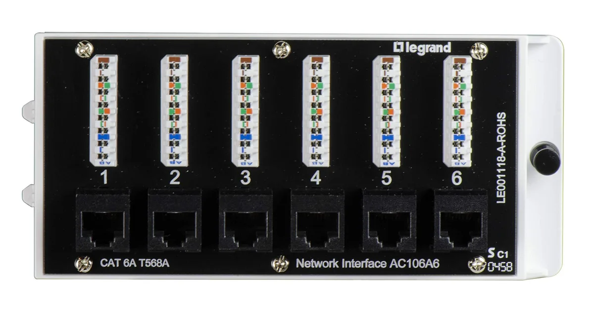Black metal 6-port Cat 6A patch panel with front RJ45 jacks and rear punch-down terminals