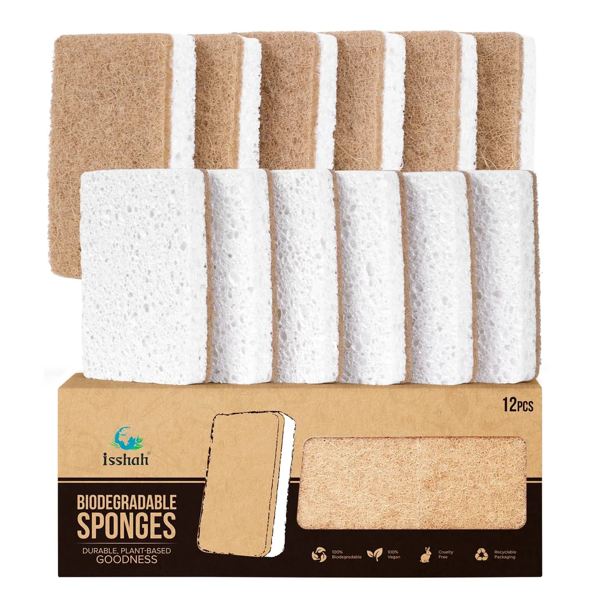 Twelve rectangular sisal hemp sponges in light packaging, 11 by 4.33 by 2.36 inches