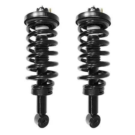 Two Unity rear complete strut assemblies with coil springs and top mounts, silver metallic finish