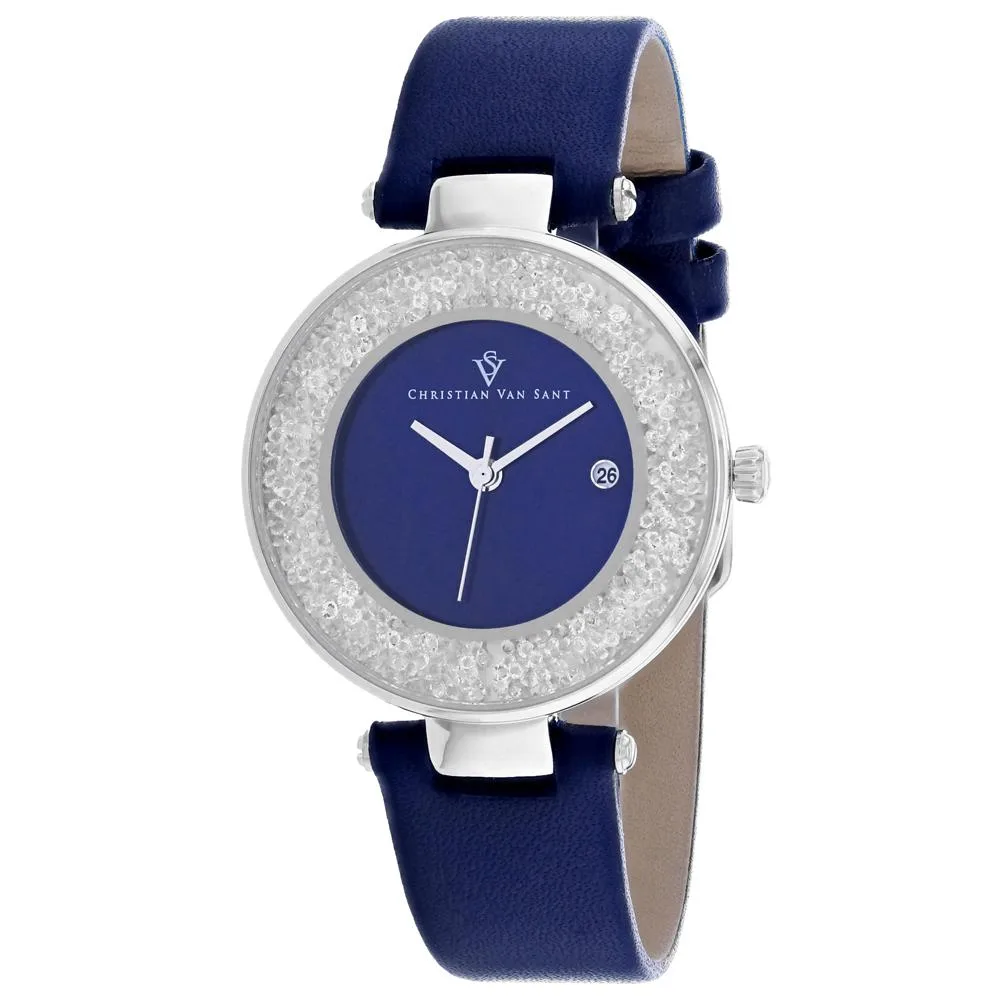 Blue dial analog watch with stainless steel case and leather strap