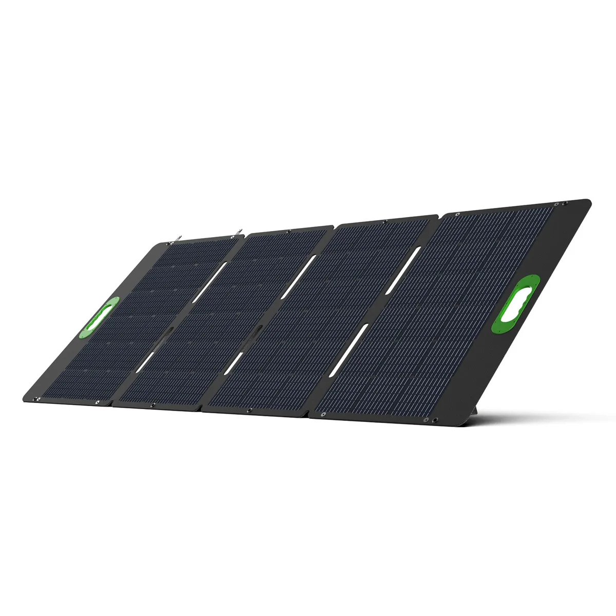 Folded rectangular solar panel, dark cells, grey fabric edges, carry handle visible