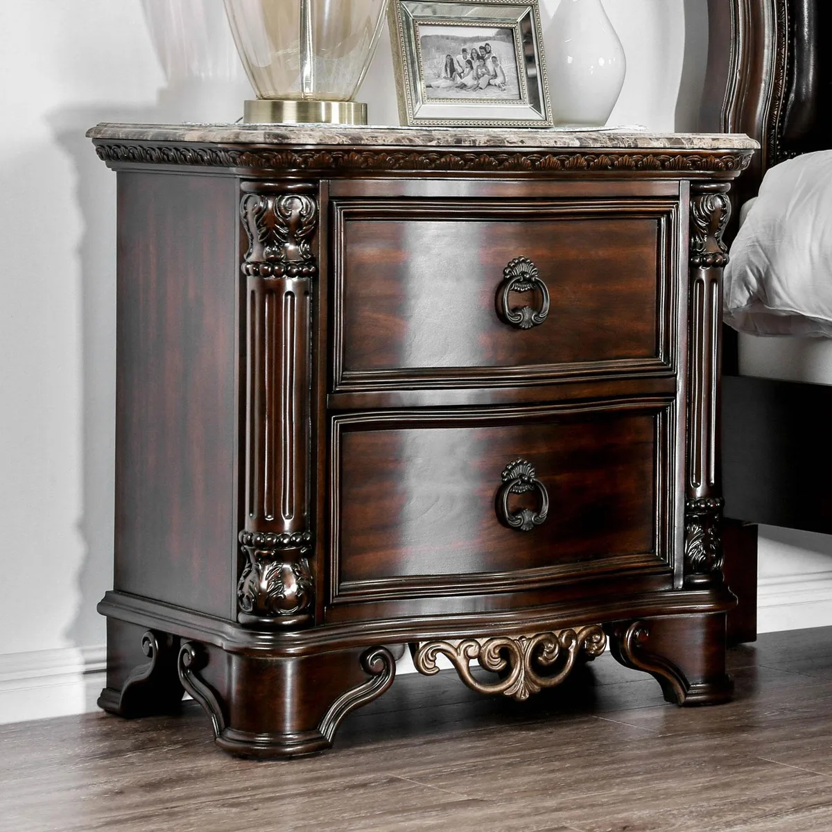 tuphen tuphen Nightstand Traditional Brown Cherry 30W 17D 28H Solid Wood Marble Top — product photo