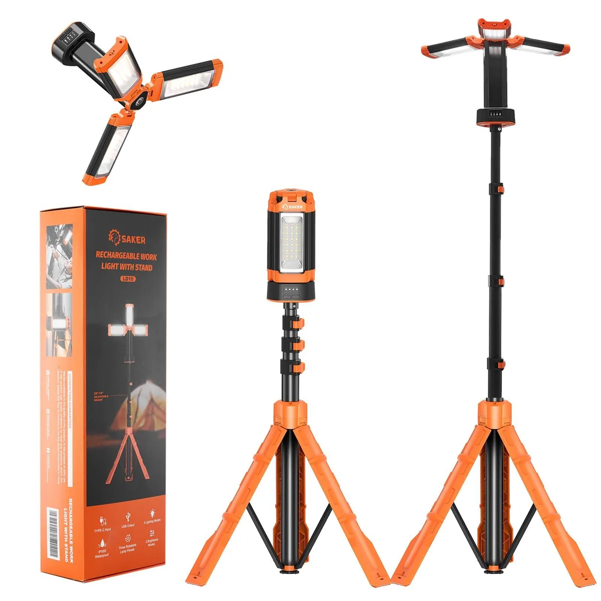 Orange telescopic camping lantern on stand with three rotatable light panels, magnetic detachable work light, carry bag