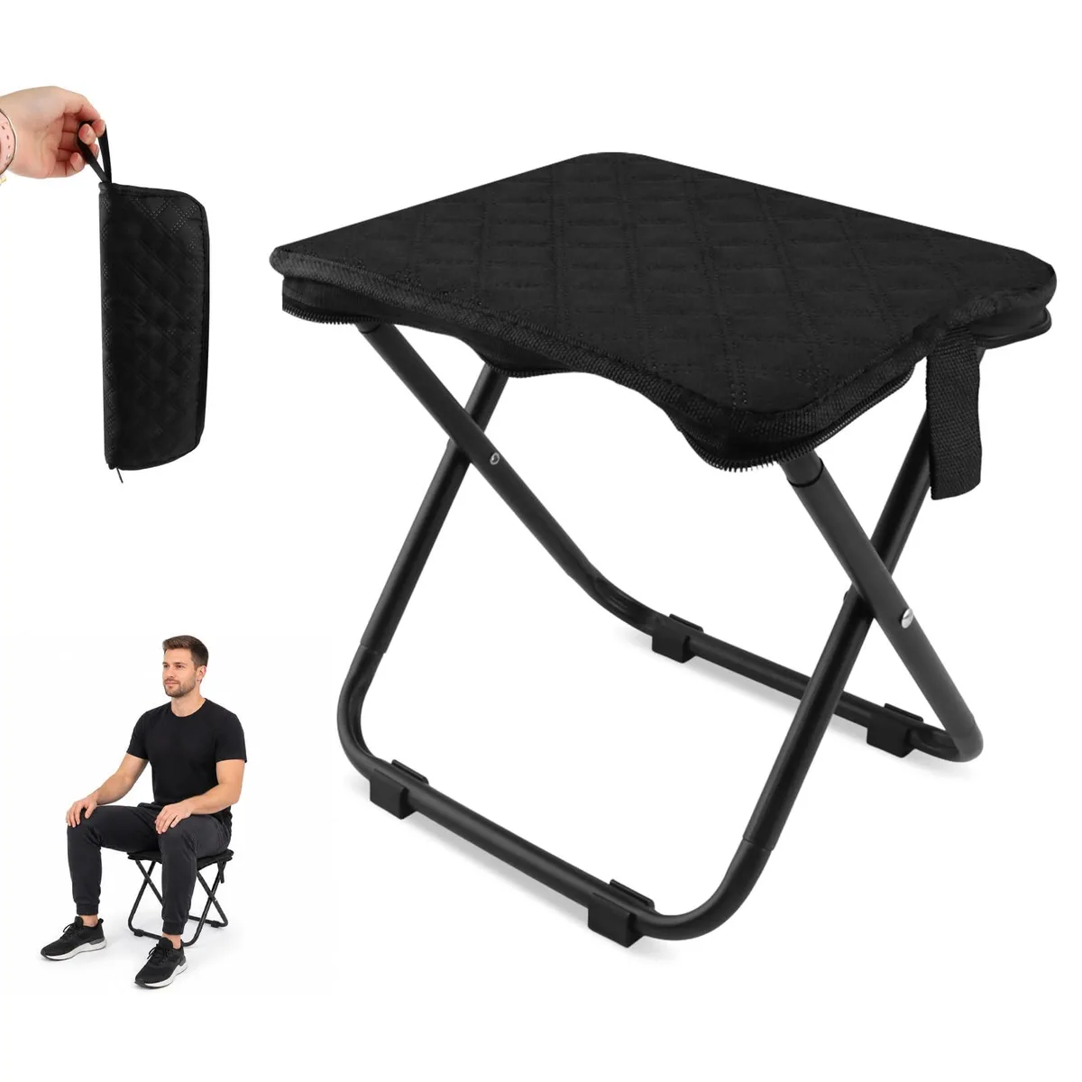 Black collapsible stool folded flat with padded diamond-pattern seat and carbon steel frame