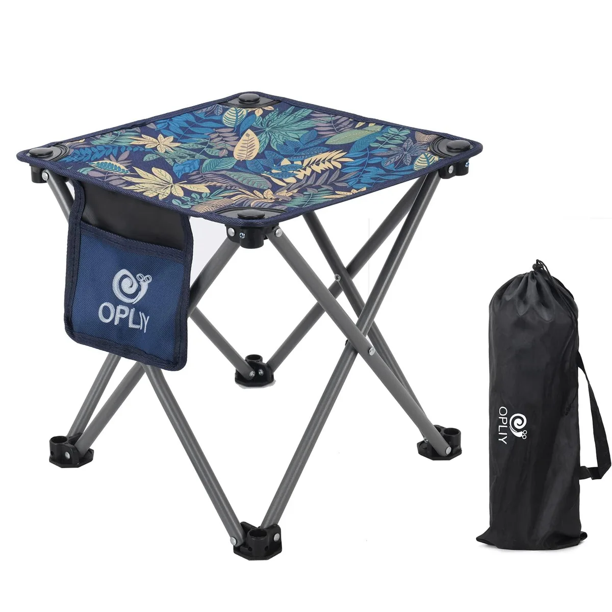 Blue leaf-patterned folding stool with side pocket, steel frame, carry bag included