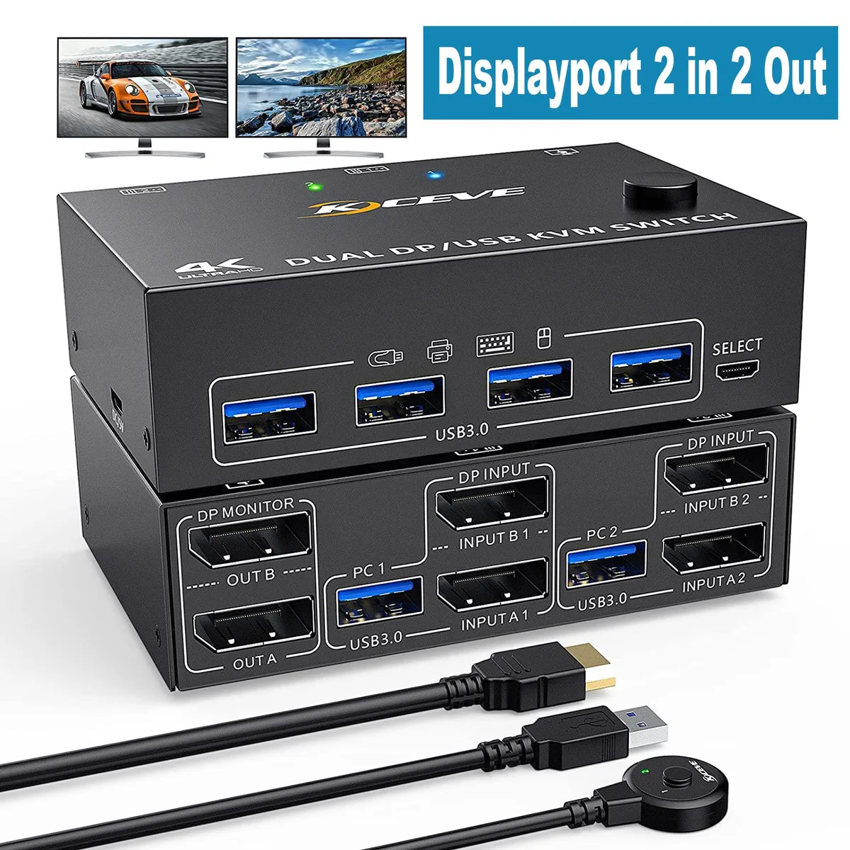 AUTYUE AUTYUE 2-Port Dual Monitor DisplayPort KVM Switch 8K@30Hz 4K@60Hz 4 USB 3.0 — product photo