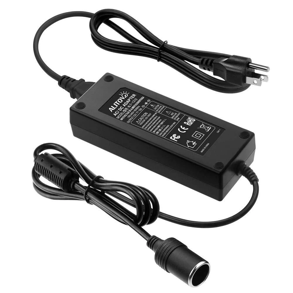 Black rectangular AC-to-DC adapter with car cigarette lighter socket and 8ft power cord