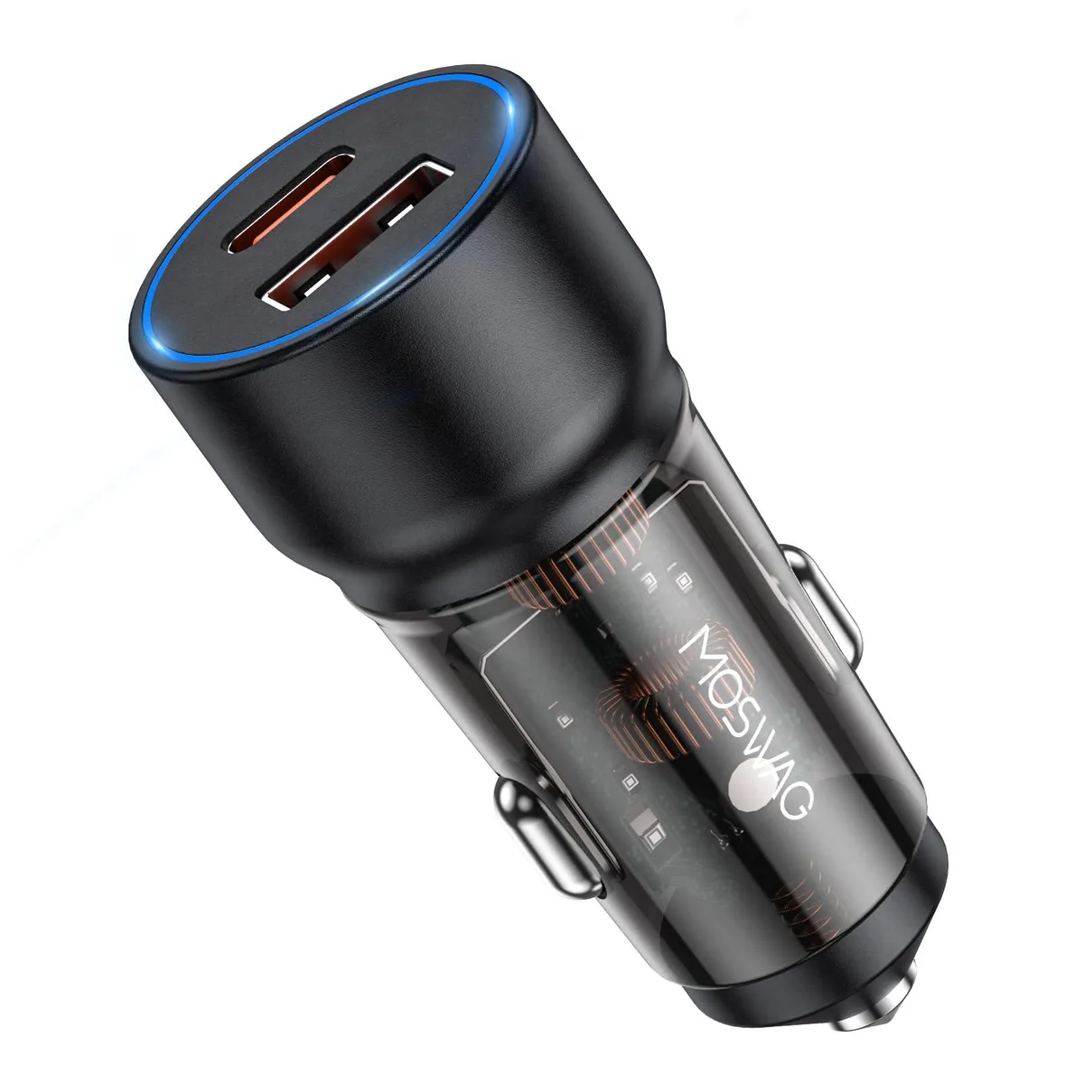 Small zinc-alloy car charger with USB-C and USB-A ports, metallic finish