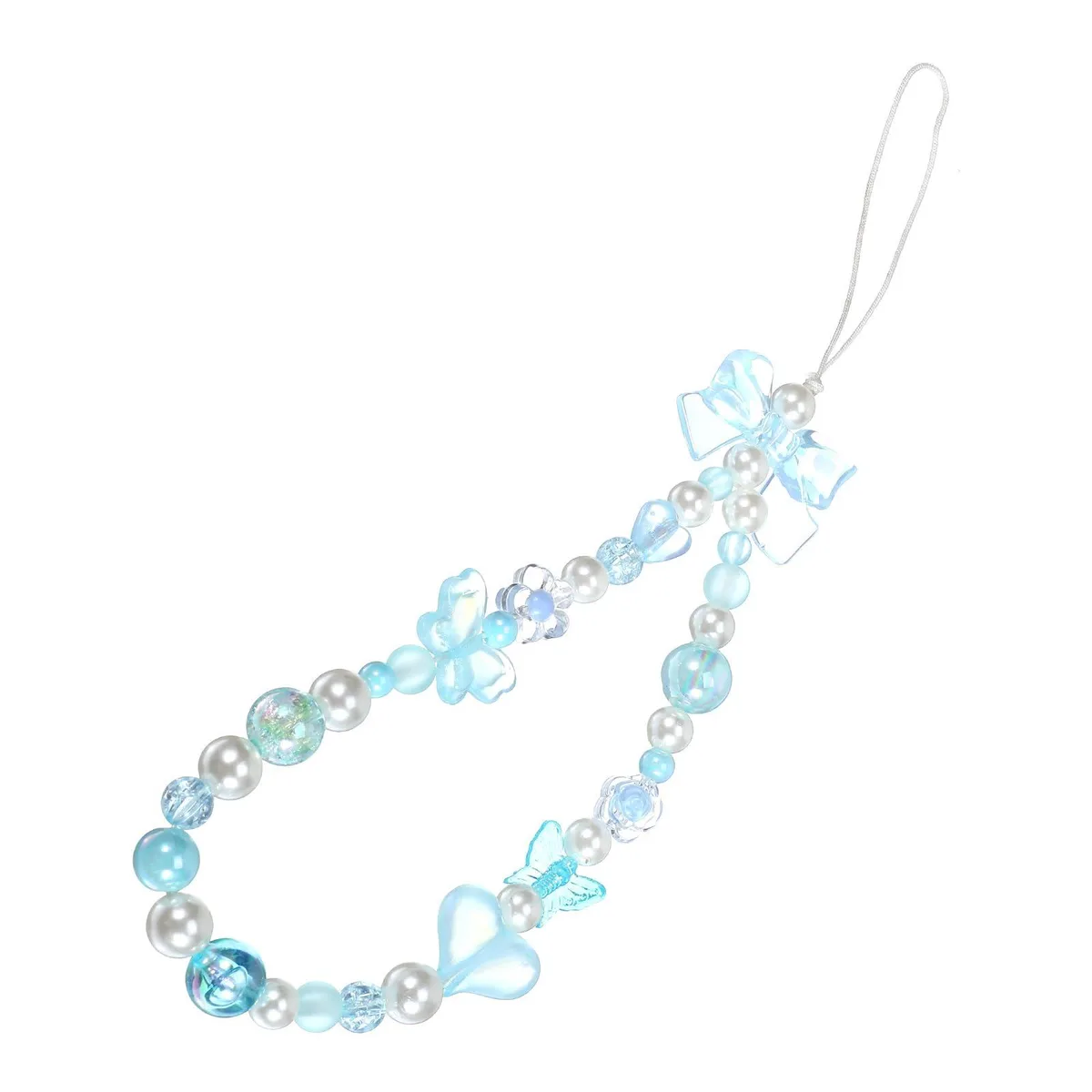 Blue beaded wrist strap with butterfly heart bow charms, 23 cm long, glossy acrylic beads on nylon cord