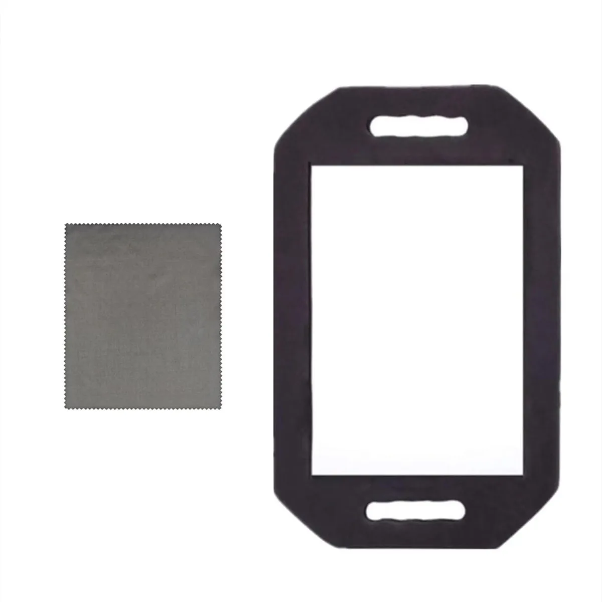 Black rectangular hand mirror with foam frame and two handles, 16 by 9.8 inches