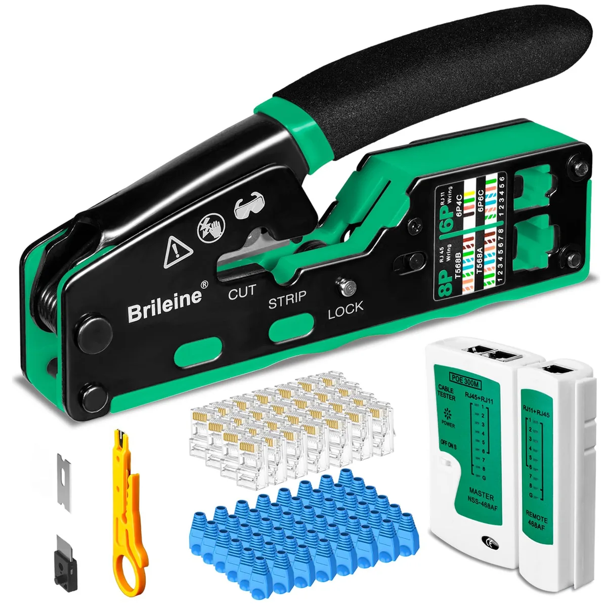  Brileine RJ45 Crimp Tool Kit 50PCS CAT6 Connectors 50PCS Boots Tester Stripper — product photo