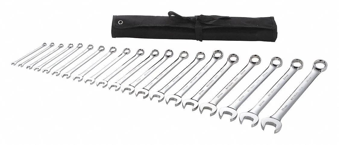 Twenty chrome combination wrenches in a pouch, sizes six to twenty-five millimetres