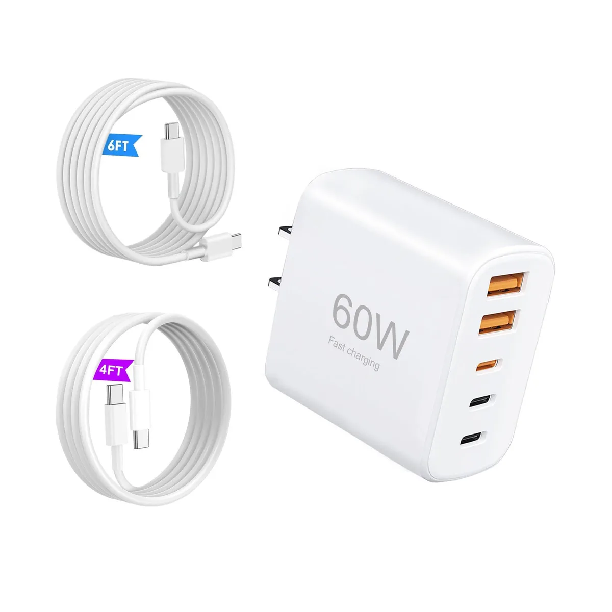 White rectangular wall charger with five ports and two coiled USB-C cables beside it