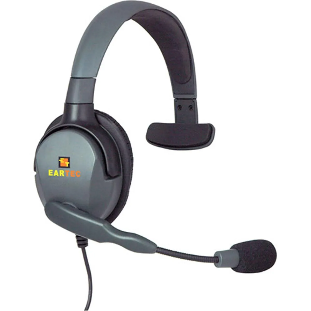 Single-ear headset with padded band, cushioned ear cup and boom microphone