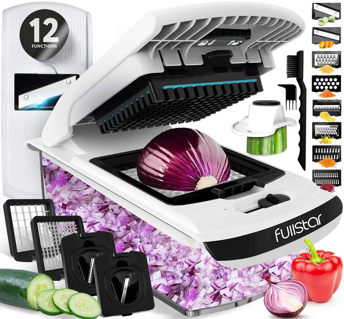 White and black manual food chopper with stainless steel blades and clear container