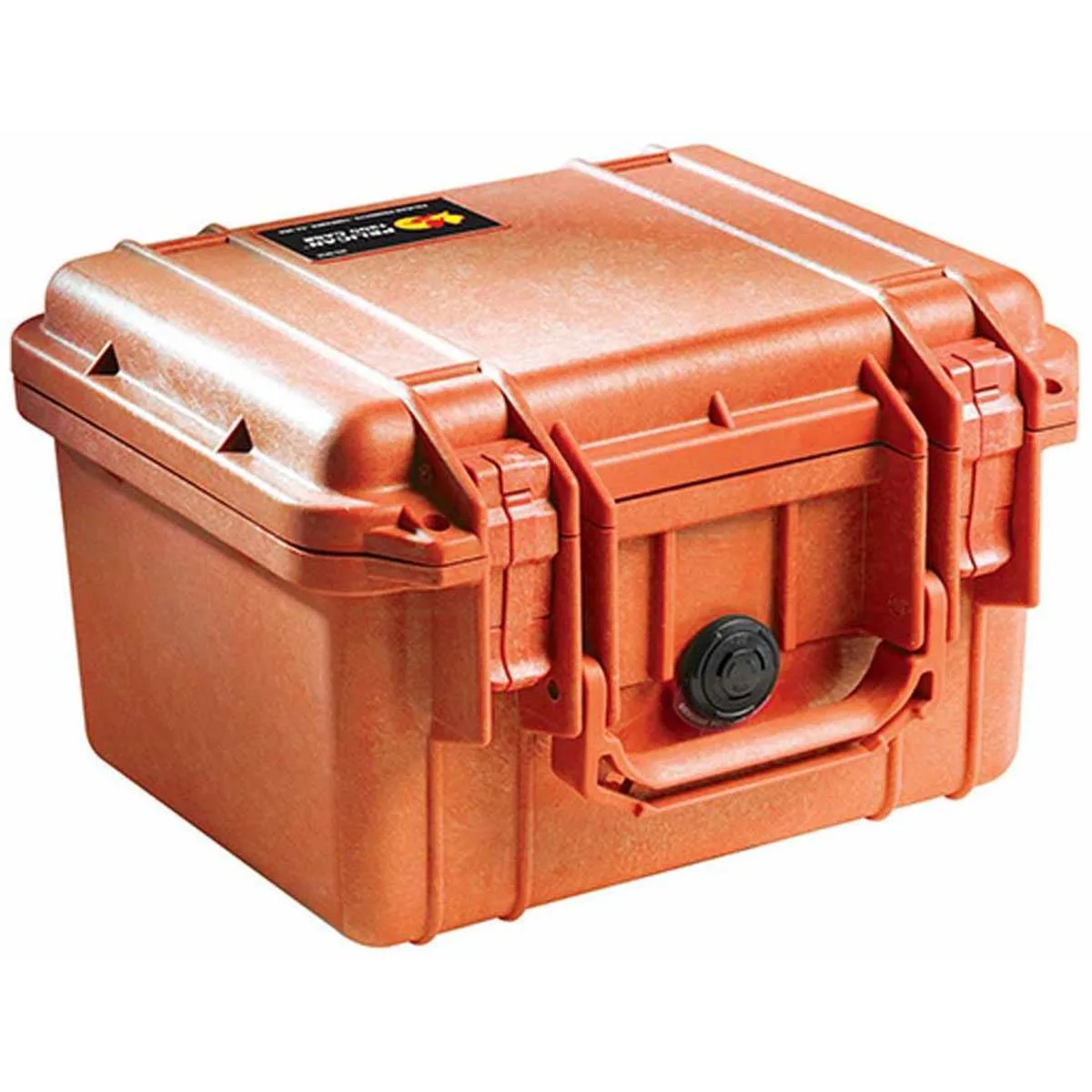 Orange Pelican 1300 hard case with black latches and purge valve