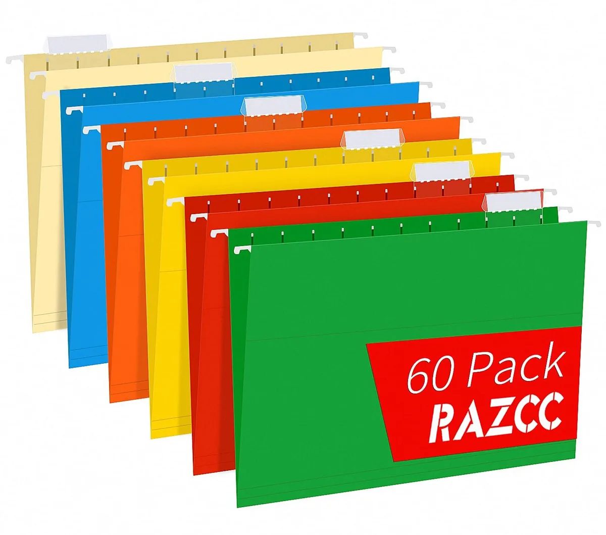 Six assorted colour hanging folders with clear tabs and labels, letter size, polypropylene finish