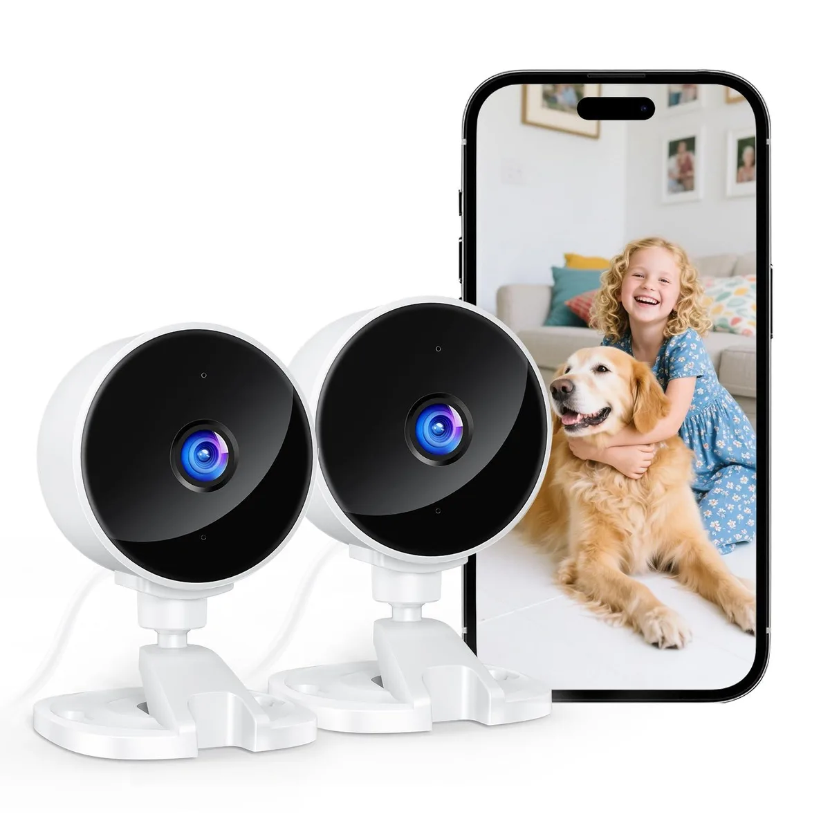 Two compact indoor cameras in white finish with wall mounts and power cables