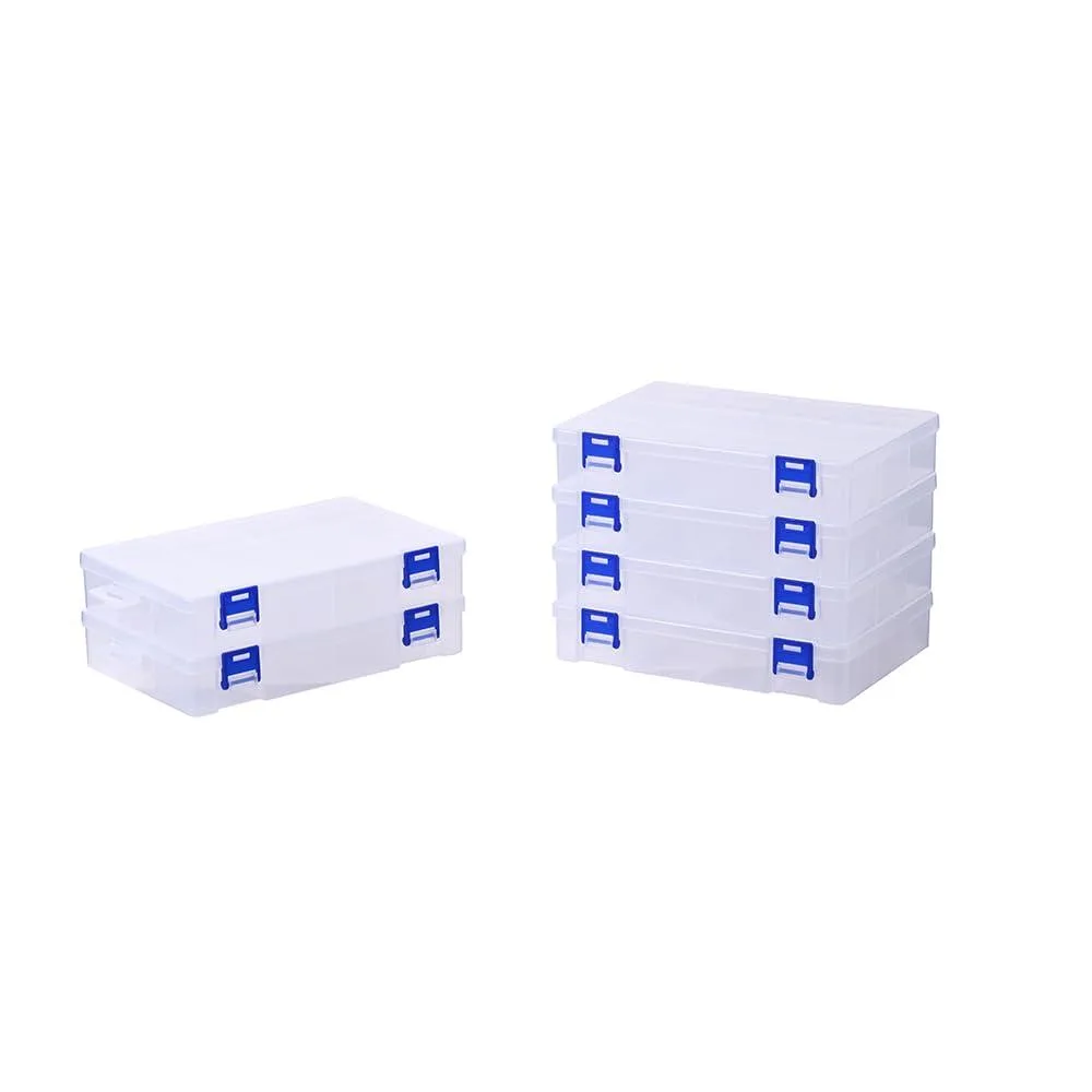Six clear plastic boxes with fixed 12-compartment grids, foldable hanging tabs, stackable lids