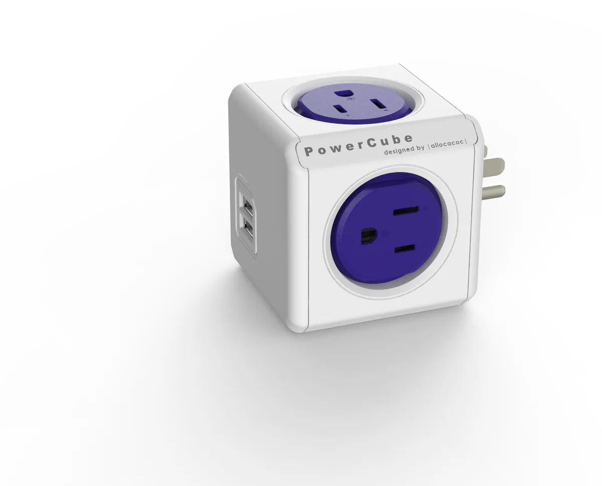 Cobalt blue cube wall charger with four AC outlets and two USB ports