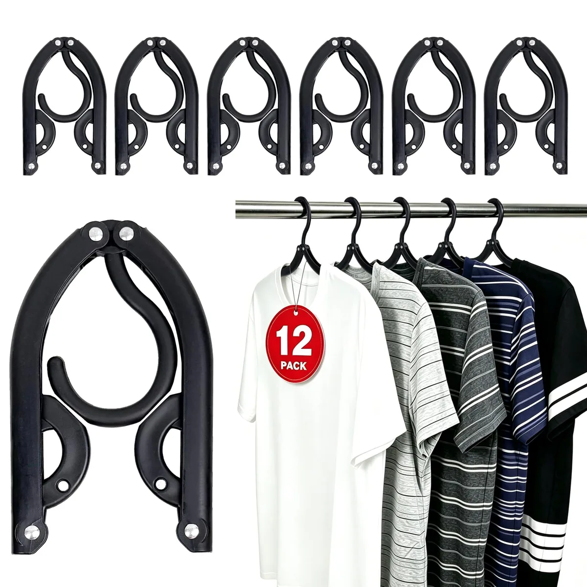 Twelve black foldable plastic hangers shown collapsed and expanded