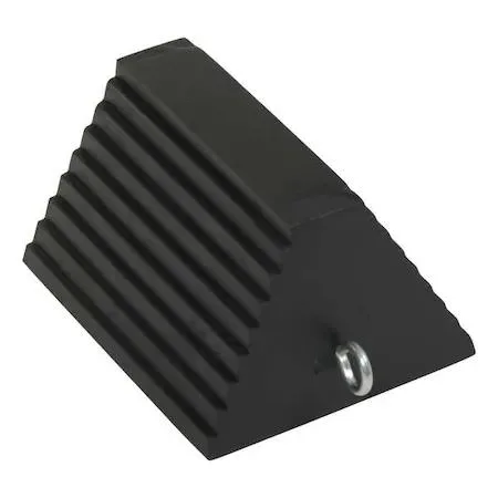 Black rubber wheel chock with grooved tread surface and steel grab handle