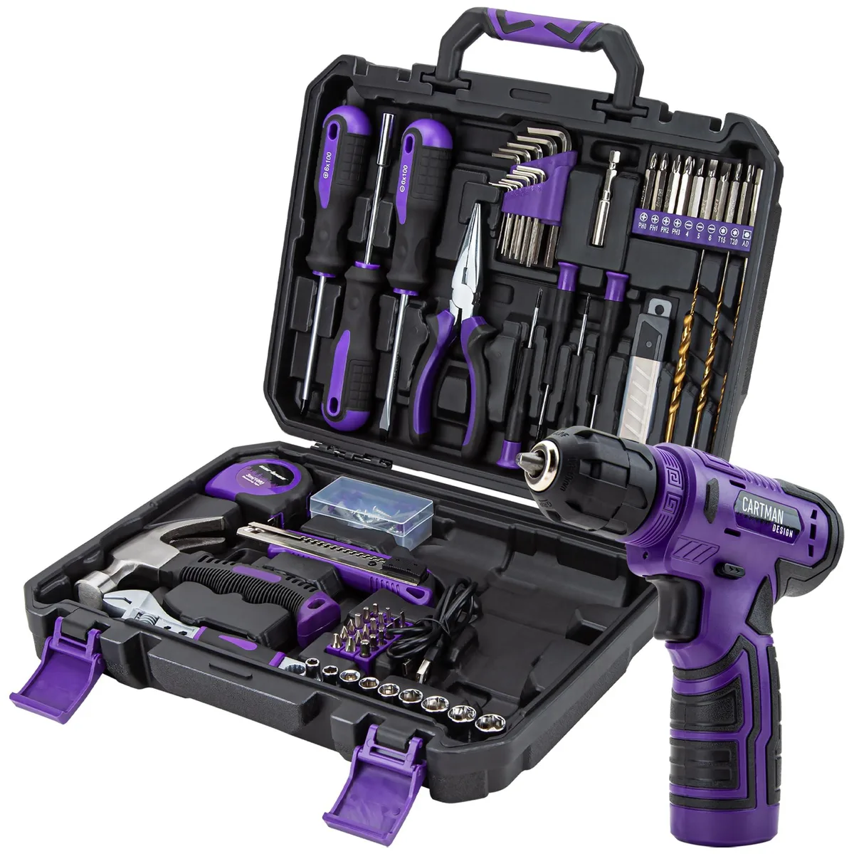 Purple blow-moulded case holding 150-piece tool kit with 8V cordless drill